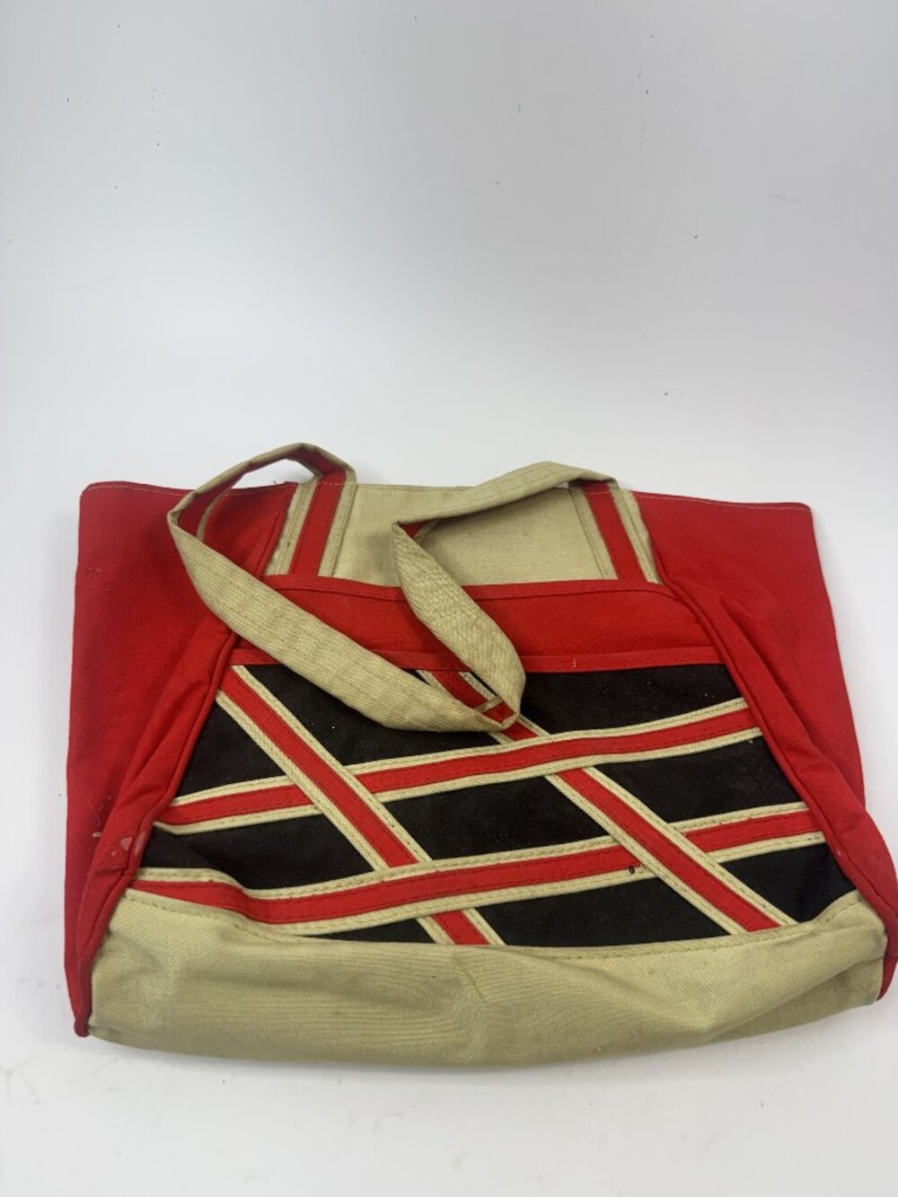 Vintage Red & Beige Canvas Tote Bag With Interior Zipper Pocket & Attached Mirro